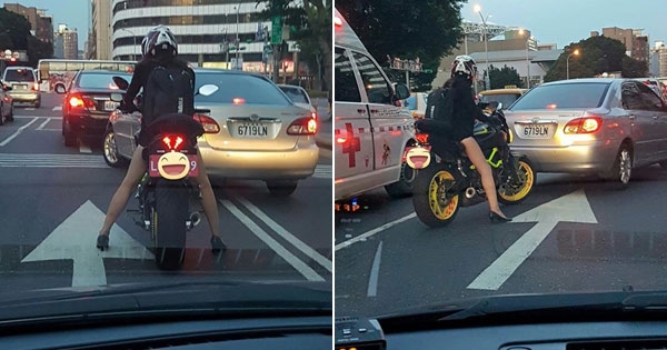 網友在車陣中發現一位「短裙絲襪重機女」，結果本尊的「超美容貌」讓大家全都衝去朝聖了！